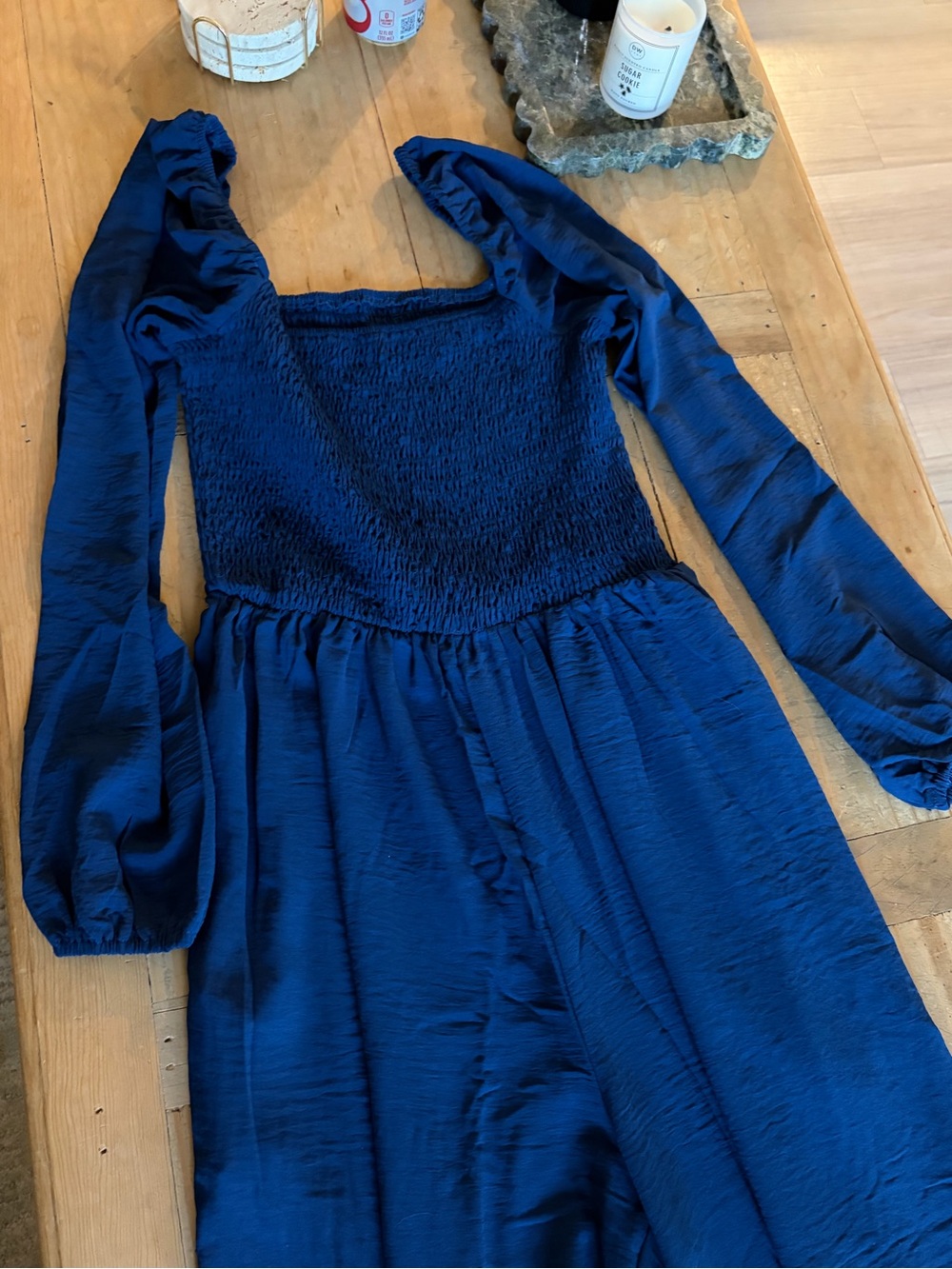 Deep Blue Smocked Square Neck Midi jumpsuit